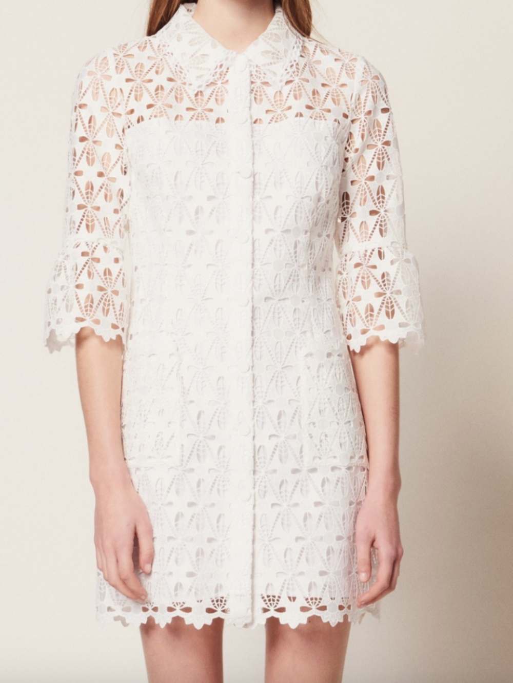 SANDRO Lauretta White Lace Guipure Mini Dress Button With Tags - FR 38 = US 6